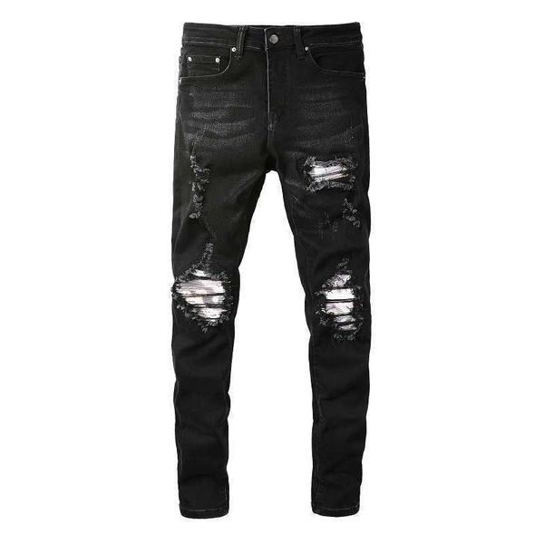 

men's jeans men cracked pleated patch stretch jeans streetwear patchwork holes ripped denim pants black skinny tapered pencil trousers, Blue