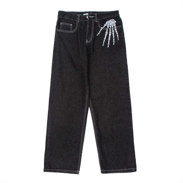 

men's jeans 2021 dark streetwear skeleton embroidery punk black men hip hop jeans pants straight casual wide denim trousers pantns capr, Blue