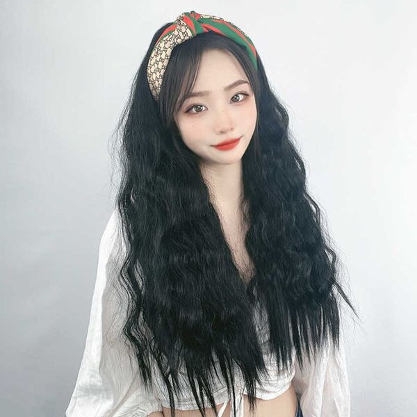

women's hair wigs lace synthetic mh red band women's long one summer simulated hair wool roll wig half cap, Black