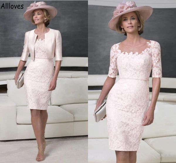 

light pink lace mother of the bride dresses with satin cape jacket half long sleeves sheer neck women formal party gowns knee length short s, Black;red