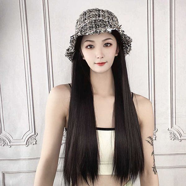 

women's hair wigs lace synthetic women's fragrant fisherman's hat integrated black long straight hair high temperature silk h