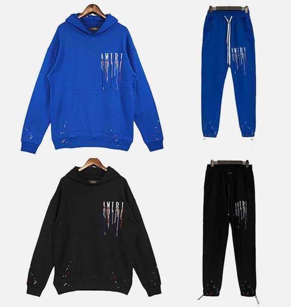 

tidy amirs speckle pigment drop effect letter hooded sweater embroidery colorful painting casual pants set, Black