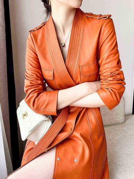 

lautaro spring autumn long orange soft pu leather trench coat for women with deep v neck double breasted designer luxury clothing j220727, Black