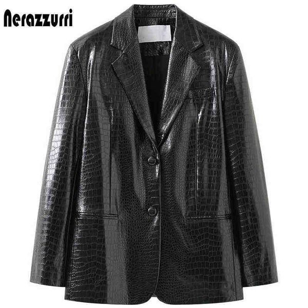 

nerazzurri spring black reflective crocodile print leather blazer jacket for women long sleeve soft loose casual korean fashion j220727