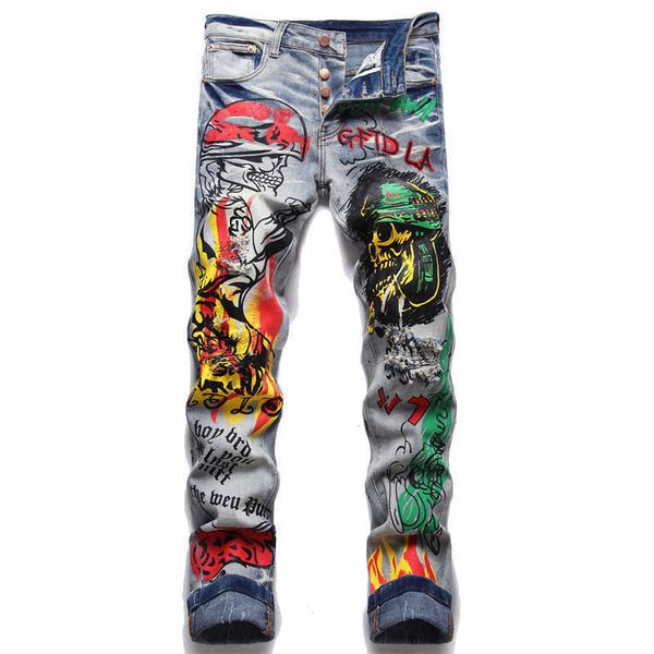 

men's jeans men printed stretch denim jeans streetwear character skull flame painted pants vintage buttons fly slim ripped trousers t22, Blue