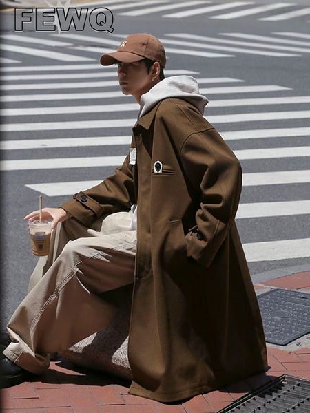 

men's wool blends fewq men's woolen coat autumn winter turndown collar single breasted loose long windbreaker japanese style 24a60, Black