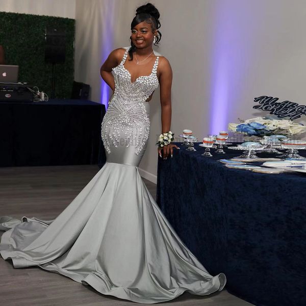 

elegant silver prom dress mermaid scoop 2023 beads vestidos de gala party wear for evening, Black