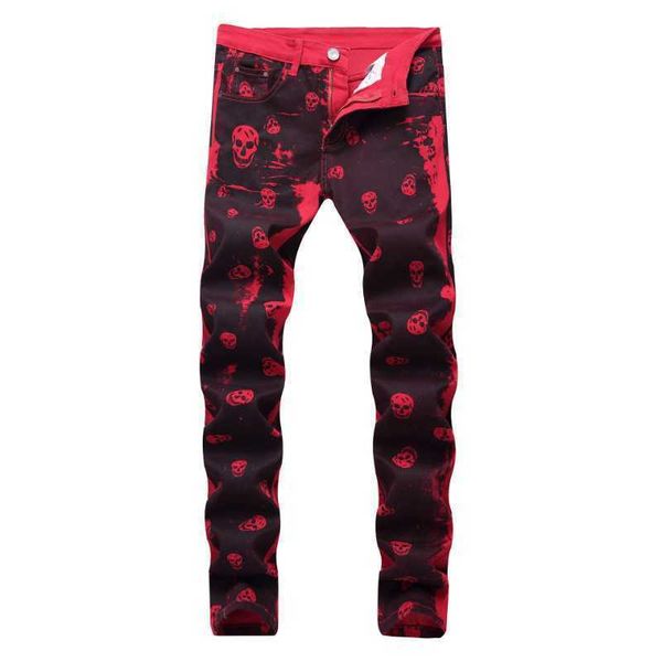 

men's jeans 2021 new arrivals skull print tie dye men hip hop pencil jeans trousers red punk women casual slim denim pants pantnes homb, Blue