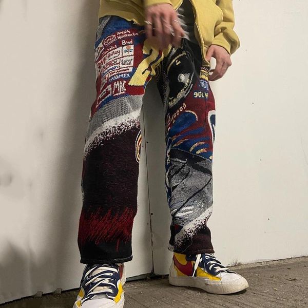 

mens pants high street pattern printed trousers men fashion zipper mid waist straight casual vintage loose personality, Black