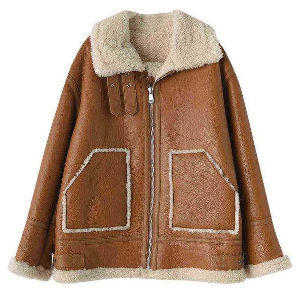 

2022 new spring women leather jacket double face lamb fur lining thick jacket sheepskin long jackets dj3905 j220727, Black