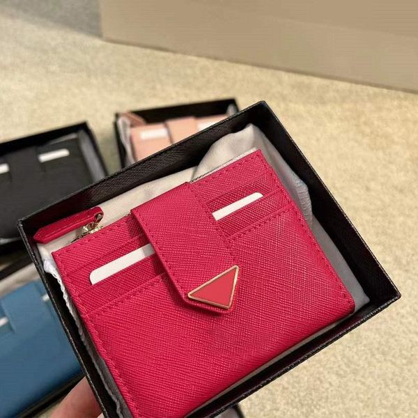 

5a short wallet card holder purse woman mens wallets designer coin purses zipper pouch genuine cowhide leather mini clutch bags triangle1, Red;black