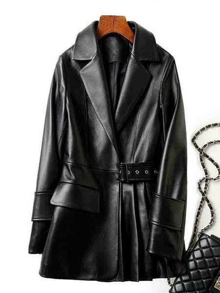 

nerazzurri autumn black soft faux leather wrap blazer jacket women long sleeve belt bags spring elegant stylish fashion 2022 j220727