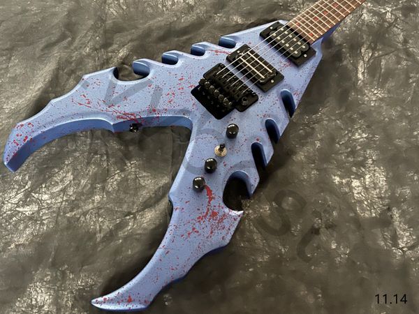 

lvycan be customized electric guitar v shape metalic blue silver with blood spots black parts rock tremolo 24 frets red
