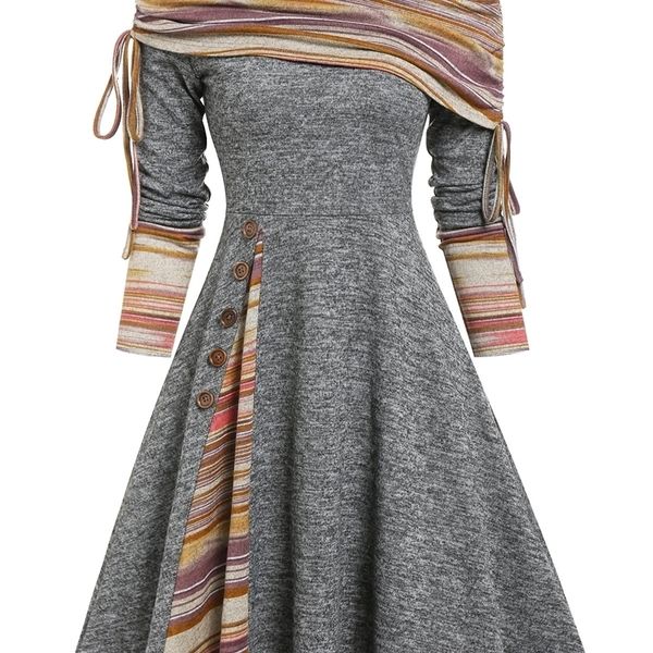 

party dresses convertible cinched striped flare dress foldover off the shoulder knitted women long sleeve jurken 221113, White;black