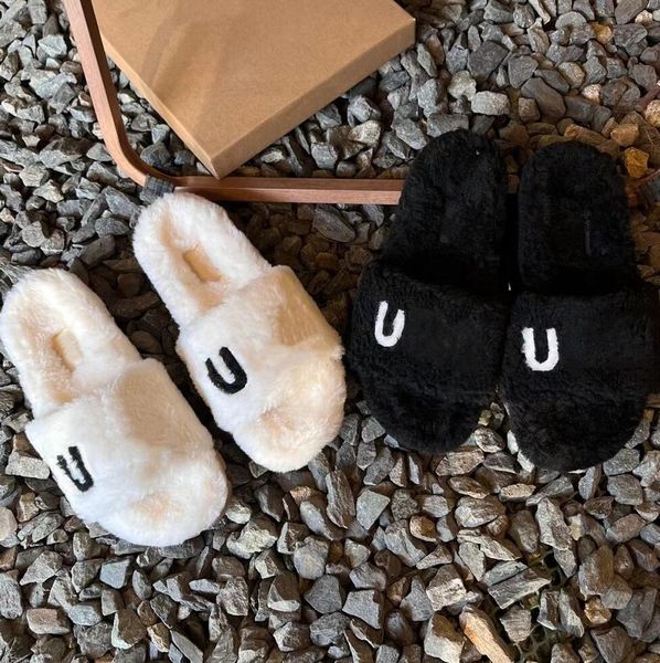 

designer plush slippers outdoor winter thick-soled half slipper leisure shoes furry fluffy women's shoe warmth lamb wool flat bottom sl, Black
