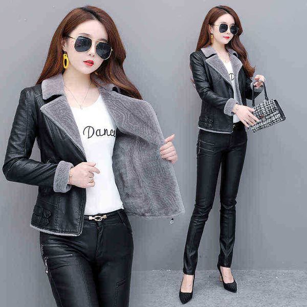 

autumn winter women faux fur coat pu leather short warm plush thick outerwear ladies padded fur locomotive leather jackets j220727, Black