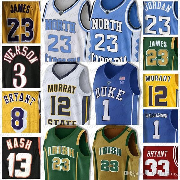 

college wear ncaa lebron 23 james jersey allen 3 iverson 23 michael 12 ja morant zion 1 williamson 33 bryant basketball jerseys earvin johns, Black