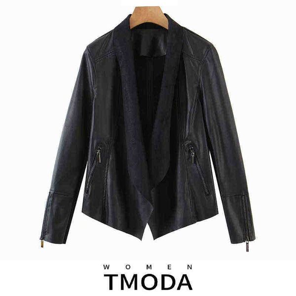

tmoda1795 woman 2022 autumn knitted pu patchwork sleeve open front irregular zoom zippers faux leather jackets chic jackets female j220727, Black
