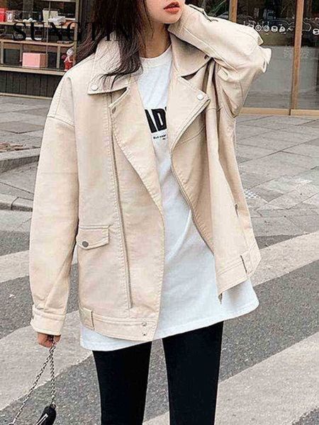 

sungtin korean loose faux leather jacket women zipper moto biker punk fashion pu jackets female spring casual runaway bf j220727, Black