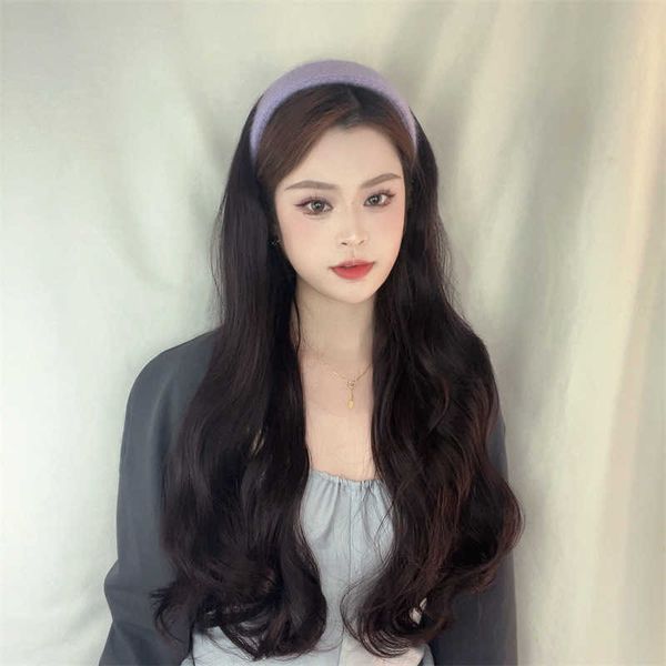 

women's hair wigs lace synthetic band female long curly imitation real hair silk headgear net red korean version air bangs big wave wig, Black