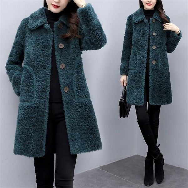 

womens wool blends winter lamb velvet jacket clothing autumn korean slim coat female loose warm thicken long parka outwear 221113, Black