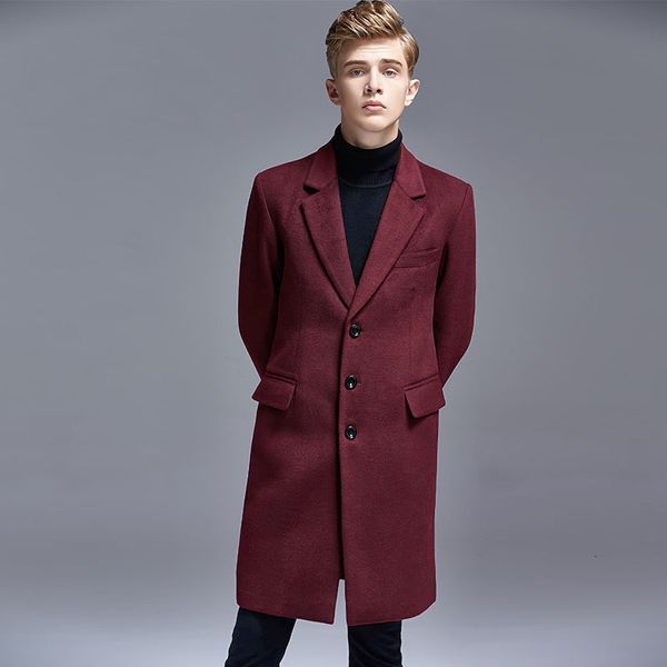 

men's wool blends autumn winter casual england slim singlebreasted men suit collar woolen trench coat middle long mens jackets and coat, Black
