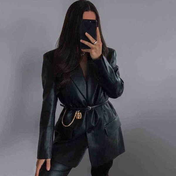 

zoki fashion faux leather blazers jacket women slim warm buttons long sleeve pockets female outerwear street wear jacket new j220727, Black