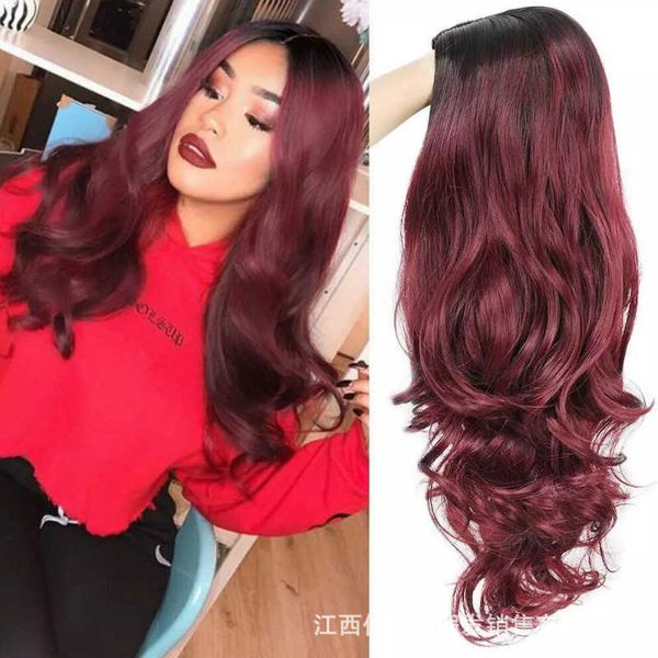 

women's hair wigs lace synthetic wig female long curly hair black gradual change wine red ffy big wave chemical fiber headgear