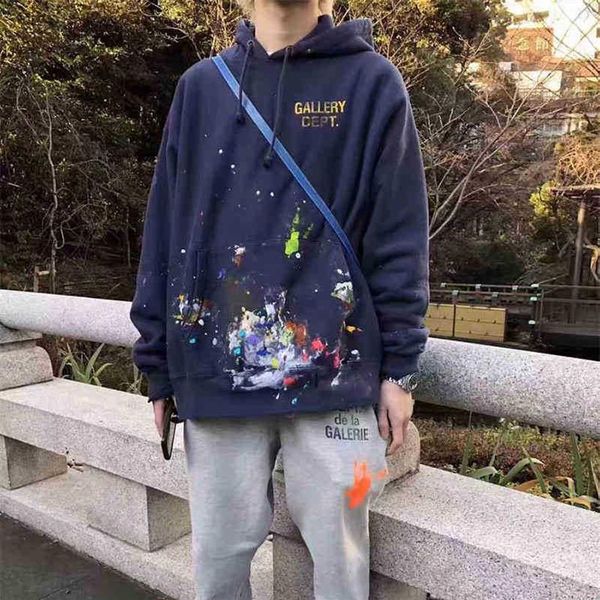 

2022 galery dept hoodie graffiti splash paint wash high street old loose hoodie men's and women's fashion348a, Black