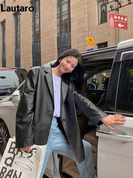 

lautaro spring autumn oversized black soft pu leather blazer women long sleeves single breasted elegant stylish loose outerwear j220727
