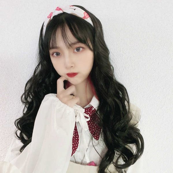 

women's hair wigs lace synthetic hairband wig female invisible breathable u-shaped half head cover long curly hair big wave live tape m, Black
