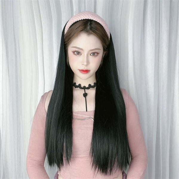 

women's hair wigs lace synthetic wig female high skull hoop black net red style imitation long straight hair half cap