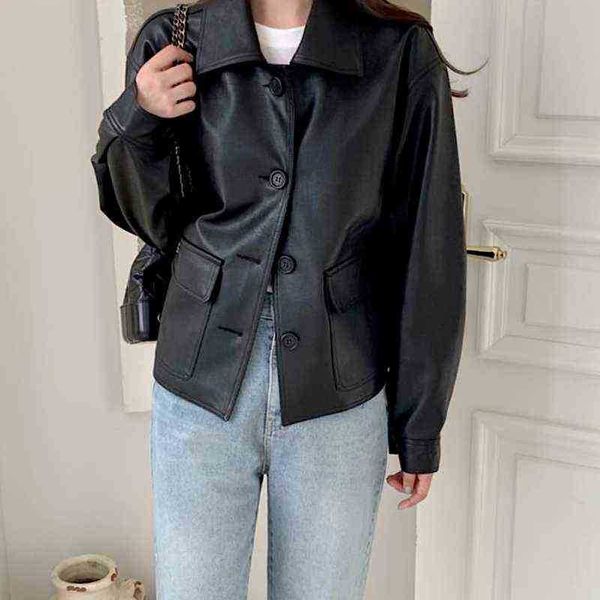 

korean fashion leather jacket women streetwear vintage y2k leather moto jacket casual loose cropped women winter jackets 2021 j220727, Black