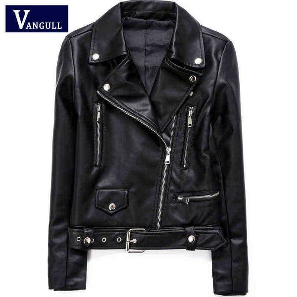

vangull spring autumn new black women faux leather jackets zipper short basic jacket turndown collar motor biker jacket with belt j220727