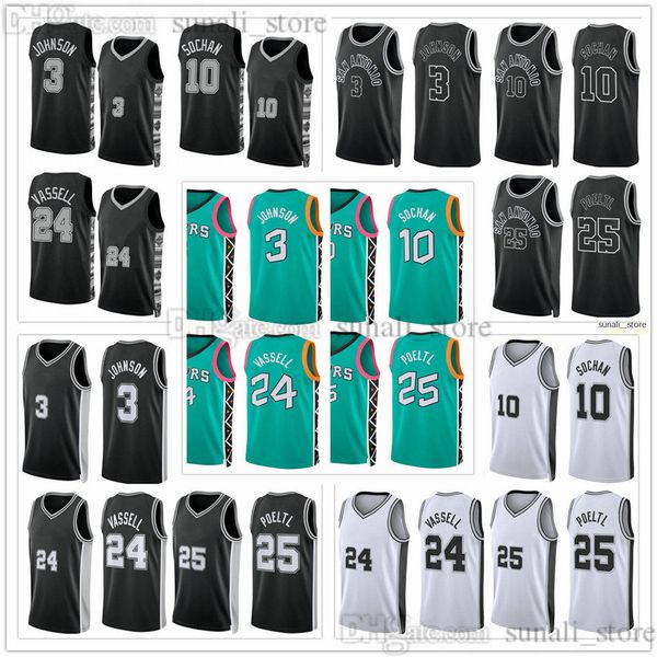 

2022-23 city green 3 basketball keldon johnson jerseys jeremy sochan 10 devin vassell 24 jakob poeltl 25 statement black white edition shirt, Black;red