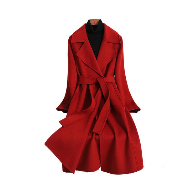 

women's wool blends double-sided cashmere jacket women long autumn winter korean lace up overcoat high-end slim en coat female h1891 22, Black