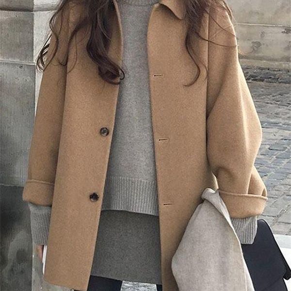 

womens wool blends jmprs autumn women faux coat long sleeve single breasted fashion turn down female causal loose winter outwear 221113, Black