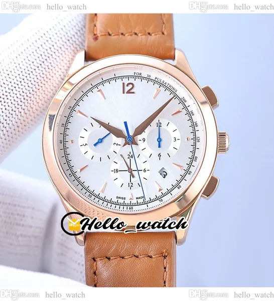 

41mm master control 1532520 quartz chronograph mens watch q1532520 satch white dial rose gold case brown leather strap date new watches hell, Slivery;brown
