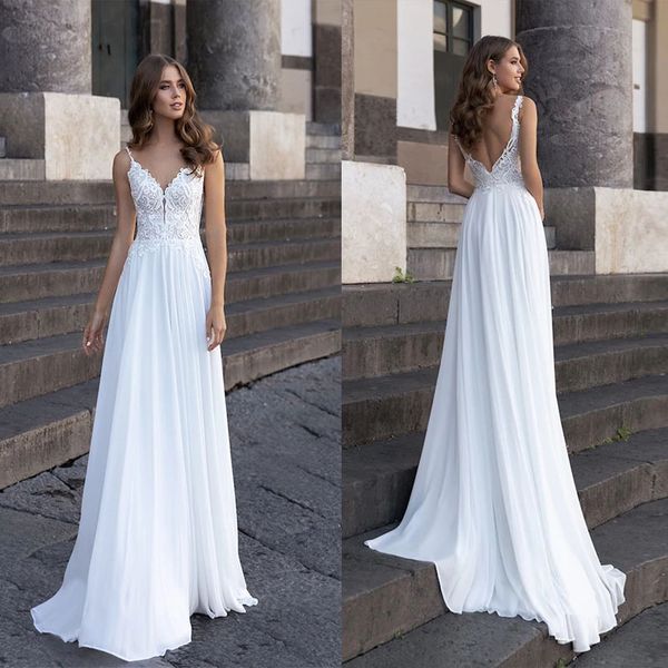 

boho wedding dress 2022 v neck backless spaghetti straps bride dresses vestido de custom made robe de mariee, White