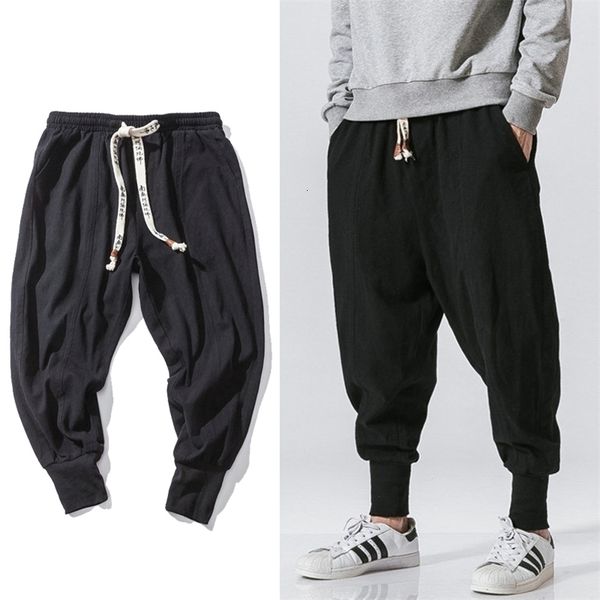 

mens pants chinese style harem streetwear casual joggers cotton linen sweatpants anklelength trousers m5xl 221113, Black