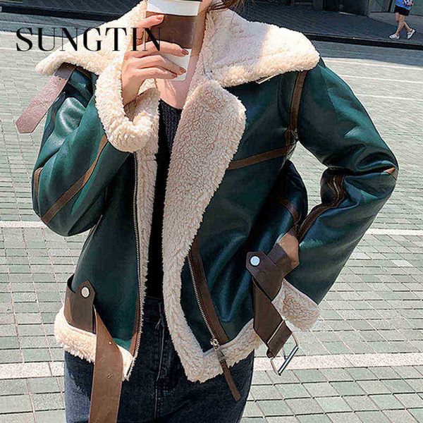 

sungtin 2022 winter warm thicken faux leather fur coats coat women lambwool lapel belt casual jackets female fashion outfit j220727, Black