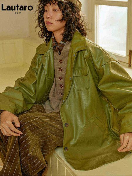 

lautaro spring oversized green faux leather jackets for women 2022 fashion style luxury loose modest designer clothes women 2022 j220727, Black