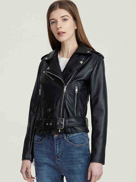 

ftlzz new spring autumn women black pu leather short jacket with belt streetwear female faux leather slim jacket ladies outfit j220727