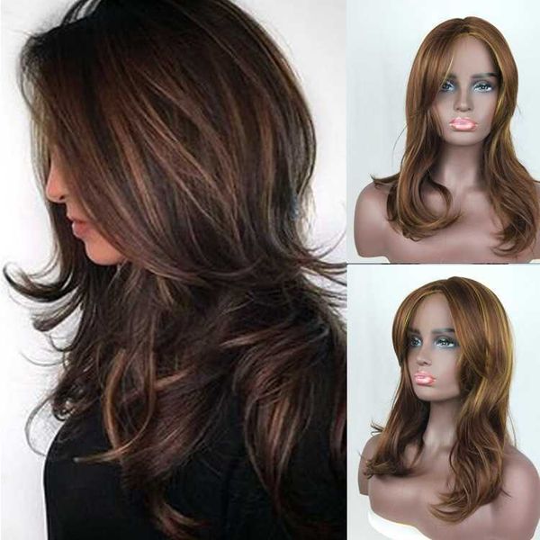 

women's hair wigs lace synthetic women's wig golden brown highlights gradient temperament ffy pear blossom curly medium long strai, Black