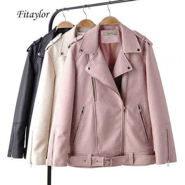 

fitaylor autumn women pu leather loose jackets collar epaulet zipper biker overcoat faux soft leather pink outerwear j220727, Black