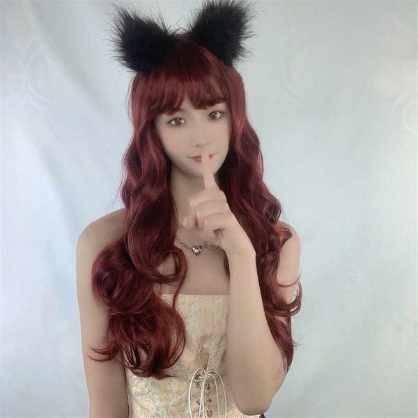 

women's hair wigs lace synthetic shake tone wig long curly wine red big wave chemical fiber headgear female tuanfeng jk false hair, Black