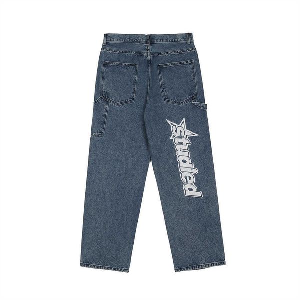 

men's jeans 2021 korean fashion letter embroidery retro oversize men hip hop jeans pants straight casual washed denim trousers pantnes, Blue