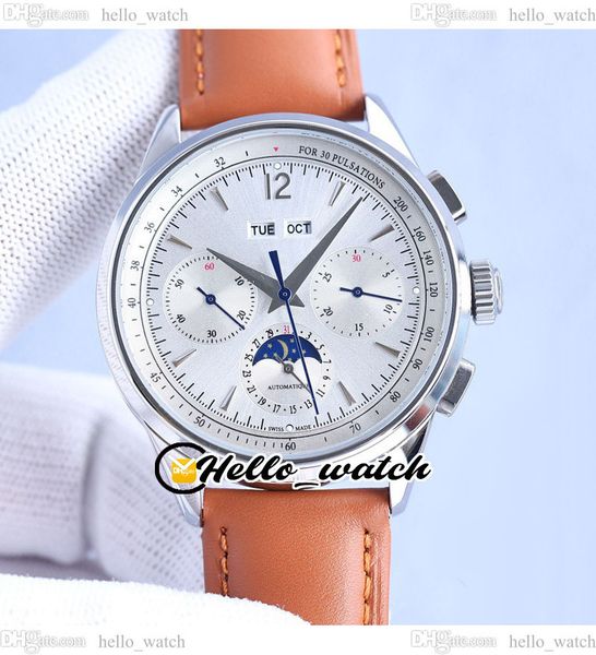 

41mm master control 4138420 auomatic mens watch q4138420 phases moon perpetual calendar white dial steel case brown leather strap watches he, Slivery;brown
