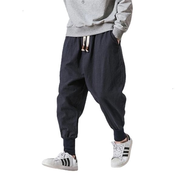 

mens pants cotton linen harem solid elastic waist streetwear joggers baggy dropcrotch casual trousers 221113, Black