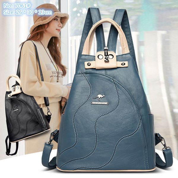 

Sales factory ladies shoulder bag 4 colors simple folding leisure backpack elegant atmosphere sewing women handbag vertical contrast leather handbag 7061#, White